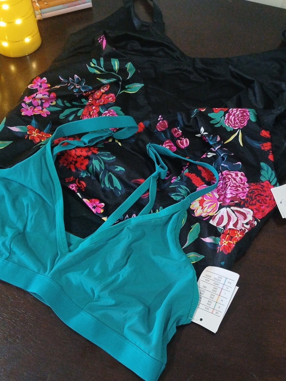 Auden Teal Lightweight Sports Bralette with Black Floral Chemise